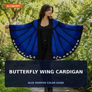 Puede incluir: Un cárdigan de ganchillo azul y negro diseñado para parecerse a alas de mariposa, con un patrón de alas azul vibrante con bordes negros y pequeños detalles blancos en los bordes. El texto dice AI CONCEPT, BUTTERFLY WING CARDIGAN, BLUE MORPHO COLOR GUIDE.