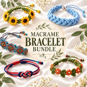 Könnte beinhalten: Ein Makramee-Armband-Set mit fünf verschiedenen Designs: ein Sonnenblumenmuster, eine geflochtene hellblaue Kordel, ein graues geometrisches Muster mit orangefarbenen und türkisfarbenen Perlen, ein rot-weiß-blauer Knoten und ein grünes Blumenmuster.