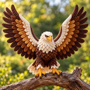 Puede incluir: Una figura de águila calva tejida a ganchillo con las alas completamente extendidas. El águila presenta una cabeza blanca, un pico amarillo y plumas de color marrón oscuro, marrón claro y crema. Tiene patas amarillas brillantes con garras negras.