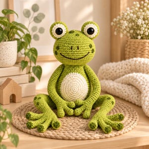 Könnte beinhalten: Ein handgefertigtes Häkel-Frosch-Stofftier mit einem leuchtend grünen Körper, einem cremefarbenen, kreisförmigen Bauchfleck und großen schwarzen Augen mit weißem Rand. Der Frosch hat detaillierte gestickte Gesichtszüge, darunter ein Lächeln und Wangenflecken.