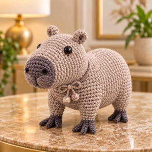 May include: A crocheted capybara stuffed animal in light brown yarn with a darker brown snout and feet. The figure features black plastic eyes, small rounded ears, and a decorative yarn bow tied around its neck with two small dangling spheres.