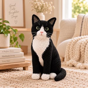 May include: A handcrafted crochet cat figurine featuring black and white yarn. The cat has a white chest, face, and paws, with black fur on its back, head, and tail. It has green eyes, a pink nose, and long white whiskers, sitting in an upright position.