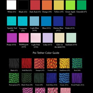 May include: A Flow Charms color guide featuring a Poi Knob/Ball section with 19 solid color squares labeled #1 through #19, and a Poi Tether section with 16 patterned or solid color squares labeled #1 through #16, all displayed on a black background.
