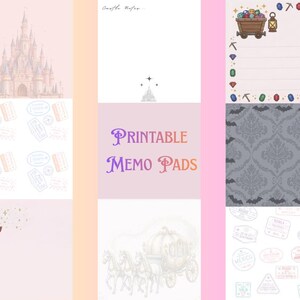 Pode incluir: Uma coleção de blocos de notas imprimíveis com vários designs, incluindo um castelo, um carrinho de mina com gemas, um padrão damasco com morcegos e um corvo, uma maçã mordida, uma carruagem de abóbora e selos de viagem com o texto Printable Memo Pads.