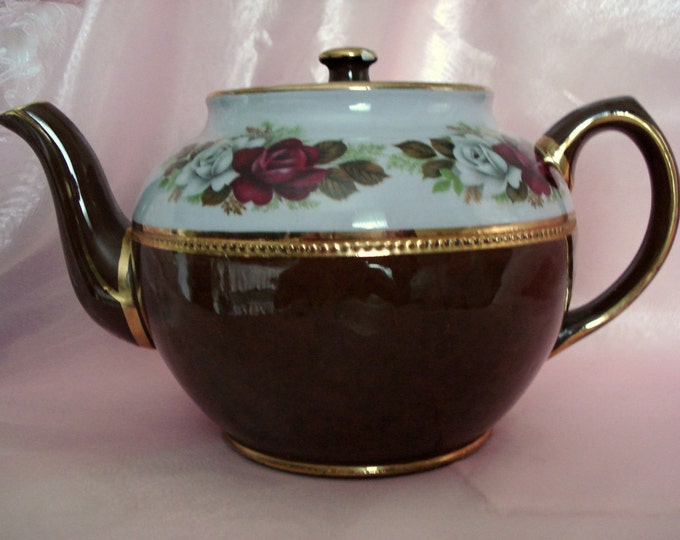Teapot Sadler Staffordshire England Brown Betty Tea Pot Roses Shabby