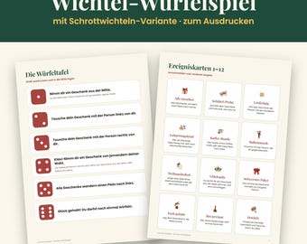 Wichtel Würfelspiel zum Ausdrucken | Schrottwichteln Spiel für Weihnachtsfeier Büro Kollegen | Wichtelspiel Regeln Ereigniskarten PDF