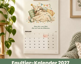 Grappige printbare kalender voor 2027 – Luiaard wandkalender met spreuken, maandkalender met feestdagen, A4 A3 PDF
