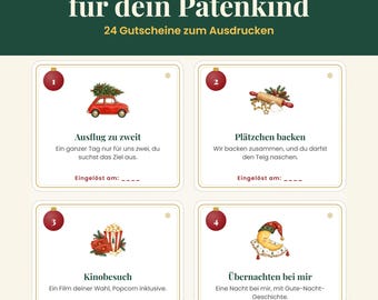 Adventskalender zum Ausdrucken für das Patenkind – 24 Gutscheine von Patentante oder Patenonkel, PDF
