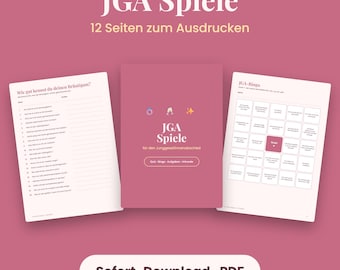 May include: A set of 12 printable JGA Spiele PDF pages on a mauve background. The central cover displays the text JGA Spiele für den Junggesellinnenabschied, Quiz-Bingo-Aufgaben-Urkunde, and icons. Flanking pages show a quiz and bingo card.