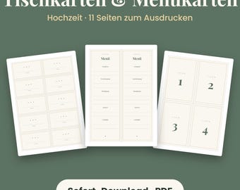 May include: A set of printable place cards and menu cards featuring white paper with thin beige borders. The text includes "Tischkarten & Menükarten", "Hochzeit", "11 Seiten zum Ausdrucken", "Menü", "Tisch", and "Sofort-Download".