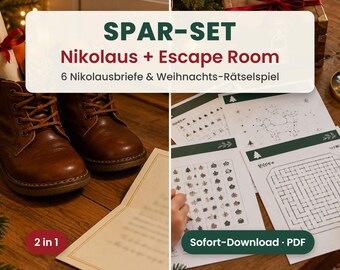 May include: A bundle set featuring brown leather boots, a letter, and printed activity sheets with Christmas-themed puzzles, mazes, and dot-to-dot drawings. The text reads SPAR-SET Nikolaus + Escape Room 6 Nikolausbriefe & Weihnachts-Rätselspiel.