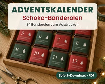 Printable Advent calendar wrappers for chocolates – 24 wrappers with sayings, PDF