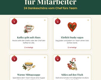 Adventskalender für Mitarbeiter zum Ausdrucken – 24 Dankeschöns vom Chef fürs Team und Büro, PDF 2026