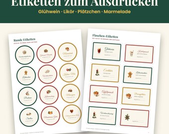 Etiketten Weihnachten zum Ausdrucken | Glühwein Etiketten Likör Flasche | Plätzchen Marmelade Aufkleber Selbstgemacht Geschenk PDF