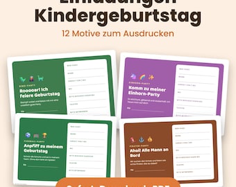 May include: Four rectangular birthday invitation cards with green, purple, and brown backgrounds. The text reads Einladungen Kindergeburtstag, 12 Motive zum Ausdrucken, and Sofort-Download PDF. Each card features themed icons and blank lines for party details.