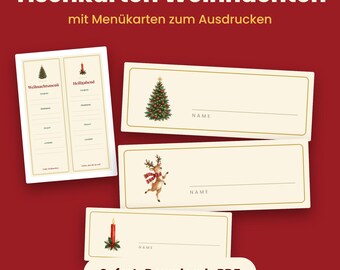 Printable Christmas place cards | Place cards and menu for Christmas dinner | Watercolor designs | Christmas Eve table decorations (PDF)