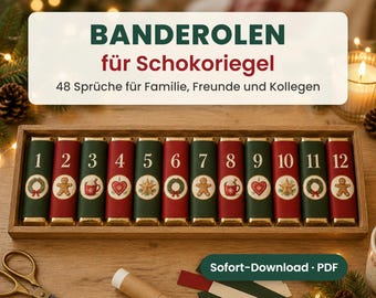 Adventskalender Banderolen für Schokoriegel zum Ausdrucken – 48 Riegel-Banderolen für Kollegen und Familie, PDF