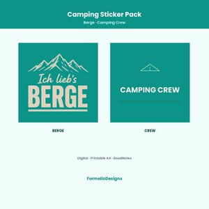 Könnte beinhalten: Ein digitales Camping-Sticker-Set mit zwei quadratischen Motiven auf türkisfarbenem Hintergrund. Der linke Aufkleber zeigt eine Berggrafik mit dem Text Ich lieb's BERGE. Der rechte Aufkleber zeigt ein Zeltsymbol und den Text CAMPING CREW.