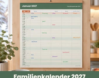 Familienkalender 2027 zum Ausdrucken für 3, 4, 5 oder 6 Personen | Familienplaner mit Feiertagen | A4 und A3 Wandkalender PDF