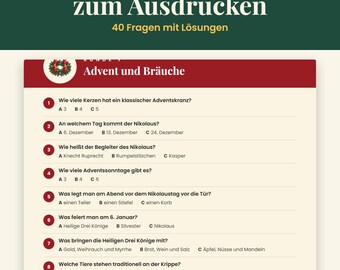 Printable Christmas Quiz | 40 Questions with Answers for Family and Christmas Celebrations | Christmas Eve Quiz PDF