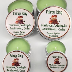 Könnte beinhalten: Vier runde Metalldosen mit hellgrünen Wachskerzen. Jeder Deckel hat ein Etikett mit dem Text Fairey Ring, Mushroom, Aldehydic, Sandlewood, Cedar, Coconut Apricot Wax Blend sowie einer Illustration von Pilzen auf einem Baumstumpf.