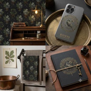 Puede incluir: Una colección de artículos con el logotipo de Ravens Botanical Co., que incluye una funda transparente para teléfono, un cuaderno negro atado con cordel y una llave antigua, una toalla con estampado floral oscuro y una lámina botánica.