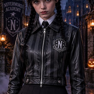 May include: A black and dark gray striped jacket with a silver front zipper, a white collared shirt, and a black tie. The jacket features a crest on the chest with the letter N and the text NEVERMORE. The garment is worn with a black pleated skirt.