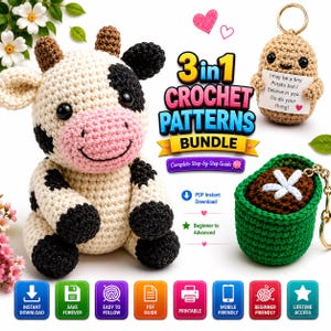 May include: A 3-in-1 crochet pattern bundle featuring a cream and black cow plush, a tan potato keychain with a note saying I may be a tiny Potato but I Believe in you. Go do your thing!, and a green potted plant keychain with a white flower.