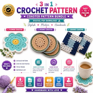 Floral Crochet Coaster Pattern Bundle | Square & Round Designs (PDF)