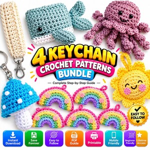 May include: A digital bundle of 4 crochet keychain patterns featuring a blue whale, a pink octopus, a blue mushroom, and a yellow sun. The text reads 4 KEYCHAIN CROCHET PATTERNS BUNDLE, Complete Step-by-Step Guide, and EASY TO FOLLOW. Includes icons for download.