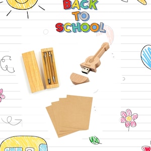 May include: A set of stationery items including a bamboo case containing two pens, a guitar-shaped wooden USB flash drive with a detachable cap, and three rectangular brown paper sheets, all set against a background with Back To School text.