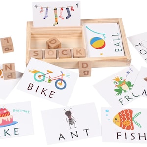 May include: A wooden tray containing wooden letter blocks and illustrated flashcards. The cards feature colorful drawings of items like a bike, frog, cake, ant, and fish, with corresponding words printed below each image in black capital letters.