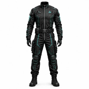 May include: A black tactical jumpsuit featuring a high collar, a full-length front zip, and multiple utility pockets. The garment is accented with cyan geometric piping and a triangular emblem on the chest, paired with black gloves and boots.
