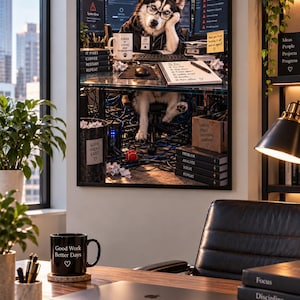 Op de afbeelding: Een ingelijste wandkunstprint met een husky met een bril en een zwarte hoodie, zittend aan een computerbureau in een kantoor. De scène bevat computermonitoren met foutmeldingen, een koffiemok, een notitieblok en wirwar van kabels.