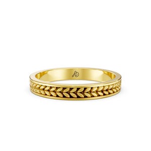 May include: A yellow gold band ring featuring a continuous embossed leaf or wheat pattern around the exterior circumference. The interior of the band displays a small, dark, stylized logo consisting of the letters A and D intertwined.