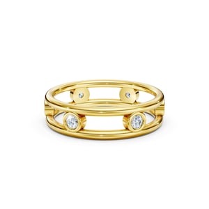 14K Solid Gold Diamond Bezel Setting Ring, Open Wedding Band, Modern Bridal Stacking Ring