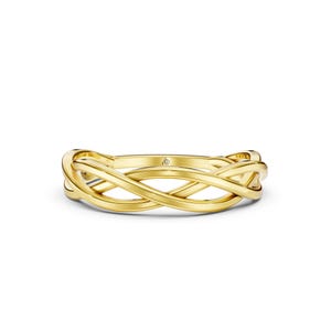 May include: A polished yellow gold ring featuring an intricate, continuous interwoven design that mimics a braided pattern. The band has a smooth, reflective surface and includes a small, subtle engraved logo mark on the inner side of the metal.