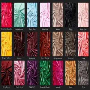 May include: A color chart displaying twenty-one swatches of velvet fabric arranged in three rows. Each swatch features a central swirl pattern and is labeled with its color name, including American Beauty, Aqua Green, Baby Blue, Baby Pink, Beige, Black, Blush Pink, Bright Yellow, Brown, Burgundy, Burnt Orange, Champagne, Charcoal, Coral, Cranberry, Dusty Rose, Eggplant, Emerald Green, Fuchsia, Gold, and Gray.
