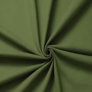 Peut inclure: Un tissu vert olive uni avec une texture lisse et mate. Le matériau est rassemblé au centre, créant des plis profonds et rayonnants ainsi que des ombres douces qui soulignent le drapé et la couleur uniforme du textile sur toute la surface.