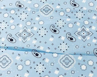 Baby Blue 60" Wide Paisley Bandana Print Poly Cotton Fabric by the Yard, Western Paisley Fabric for Apparel, Quilting & Crafts