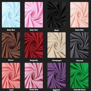 May include: A grid of twelve fabric swatches arranged in a spiral pattern, featuring colors labeled as Baby Blue, Baby Pink, Black, Blush Pink, Brown, Burgundy, Champagne, Charcoal, Coral, Dusty Rose, Eggplant, and Emerald Green.