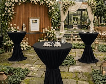 Elegant svart bistroduk | Sittande highboy-duk för bröllopsmottagningar | Stretchig rund barduk | Fest- och evenemangslaken