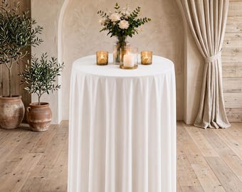 Vit rund cocktailduk | Golvlång Highboy-duk | Bröllopsdekor | Elegant evenemangslaken