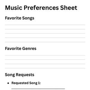 Könnte beinhalten: Ein weißes Musikpräferenzblatt mit schwarzem Text, das die Überschriften A string representing the suggested title, A string representing the suggested subtitle, Music Preferences Sheet, Favorite Songs, Favorite Genres, Song Requests und Do Play List enthält.