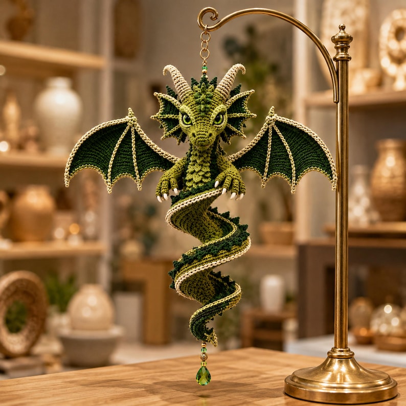 May include: A green crocheted dragon ornament with a coiled tail, textured scales, and expansive wings. The dragon features two cream-colored horns, sharp claws, and a dangling green crystal bead at the bottom, suspended from a gold metal display stand.