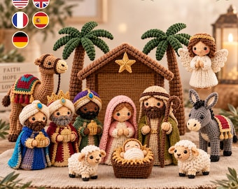 May include: A crochet nativity set featuring a stable with a star, Mary, Joseph, baby Jesus in a manger, three wise figures, an angel, a camel, a donkey, and two sheep. The figures are crafted with colorful yarn and detailed stitching.