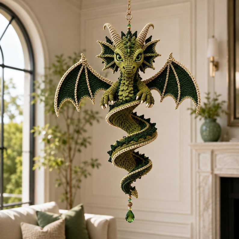 May include: A crocheted green dragon hanging ornament with a spiraling tail, textured scales, and large wings. The dragon features cream-colored horns and claws, and it is suspended from a gold chain with a green teardrop crystal at the bottom.
