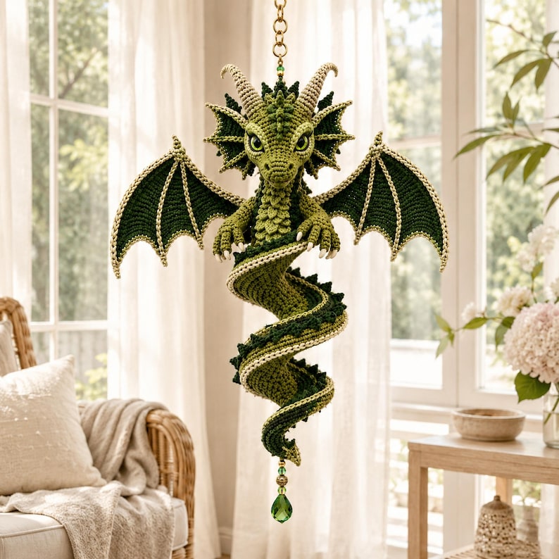 May include: A crocheted green dragon hanging ornament with a spiraling tail, large wings, and textured scales. The dragon features cream-colored horns and claws, and it is suspended from a gold chain with a green crystal drop at the bottom.