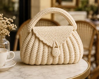 May include: A cream-colored crochet handbag featuring a structured, ribbed body and a single arched handle. The bag has a scalloped flap closure secured by a central circular button loop. The texture is consistent throughout the entire piece.