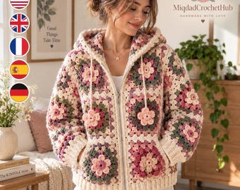 May include: A zip-up hooded jacket crafted from cream, pink, and sage green crochet granny squares featuring floral motifs. The garment includes a front zipper closure, two front pockets, and a ribbed hem and cuffs, showcasing a textured handmade design.